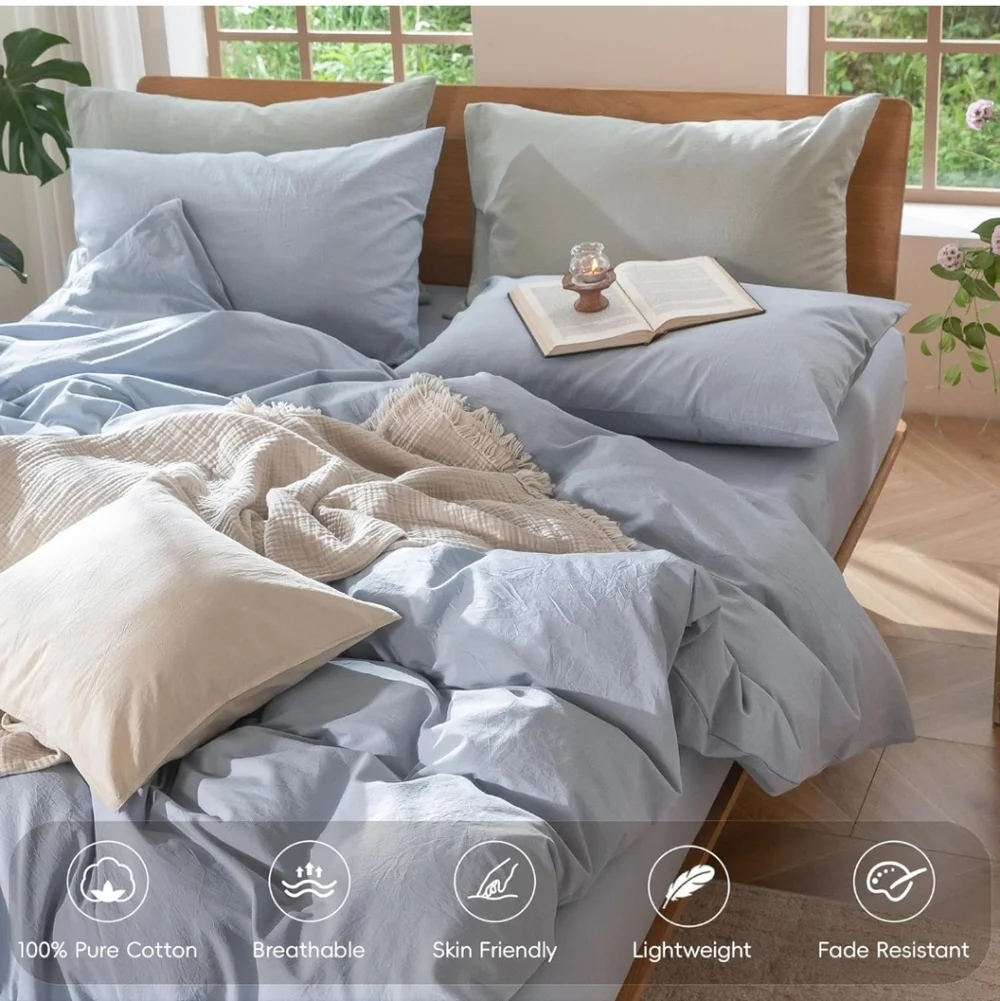 MooMee Bedding Duvet Cover Set 100% Washed Cotton Linen Like Textured Breathable